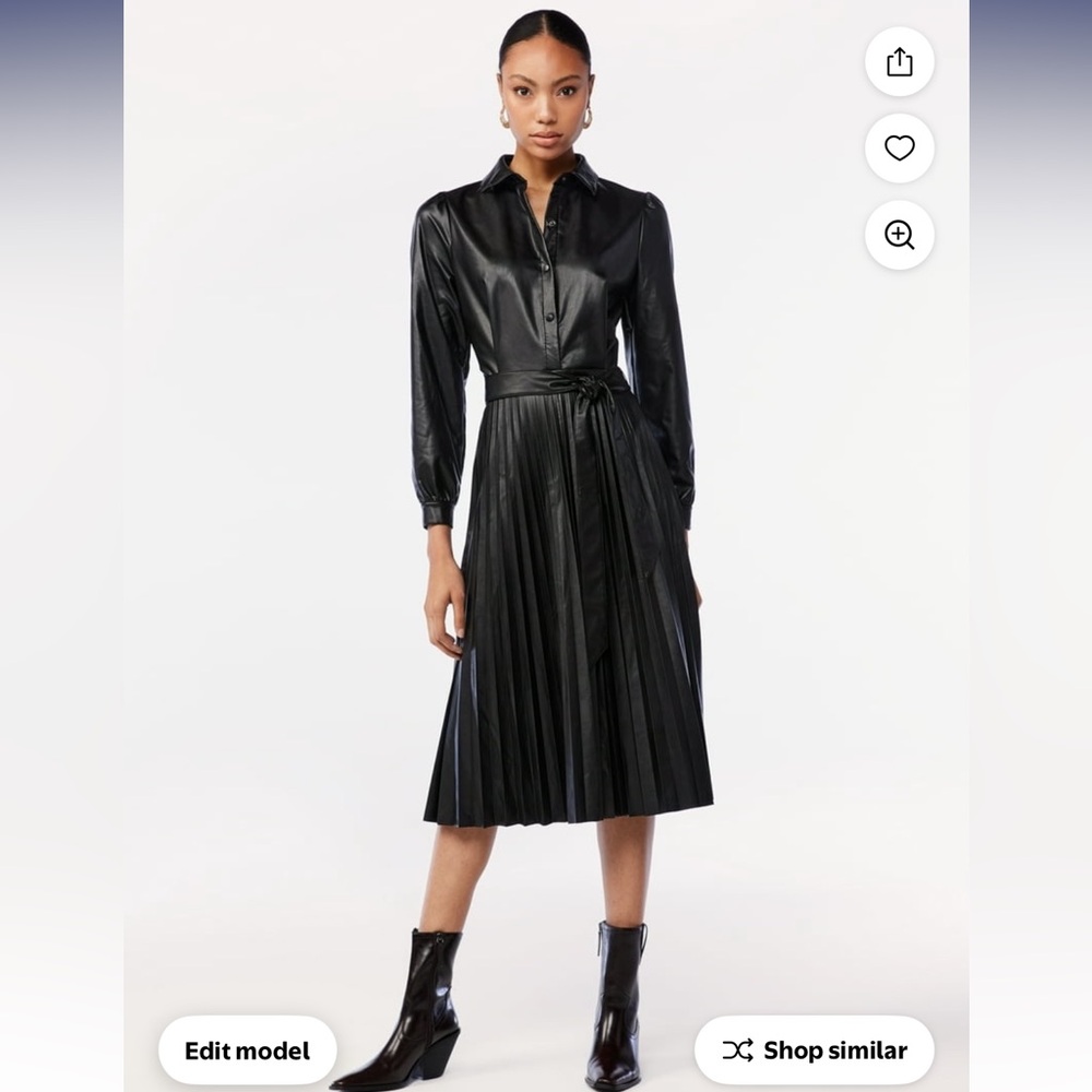 Black Faux Leather Pleated Skirt Dress